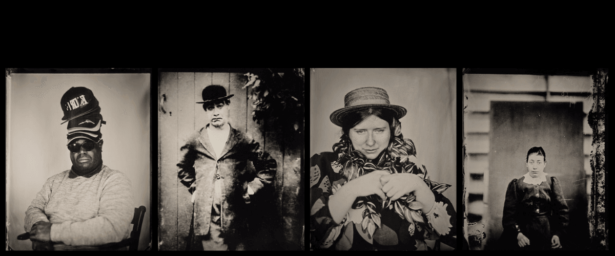 4 wet plate collodion images aligned alongside each other, with 2 contemporary images of performers from Freewheelers interspersed with 2 archive photographs from Surrey History Centre.