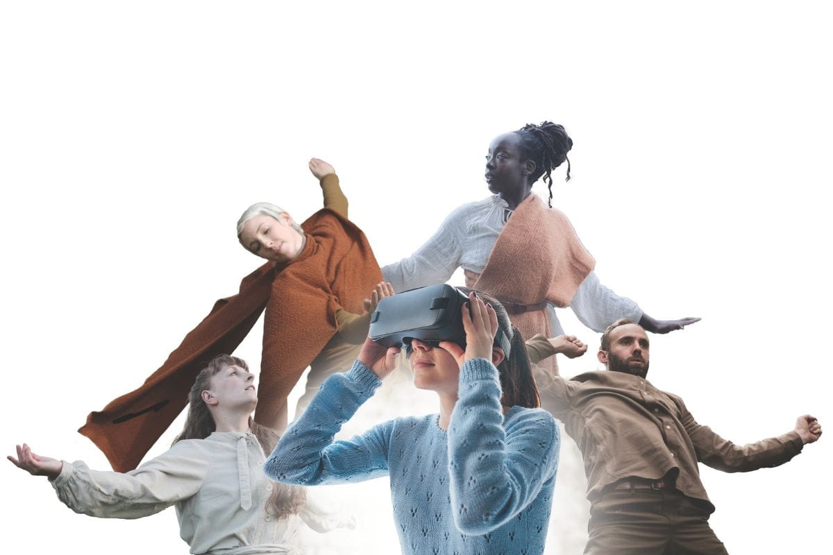 Images of 4 dancers around a central figure - a young person wearing a VR headset